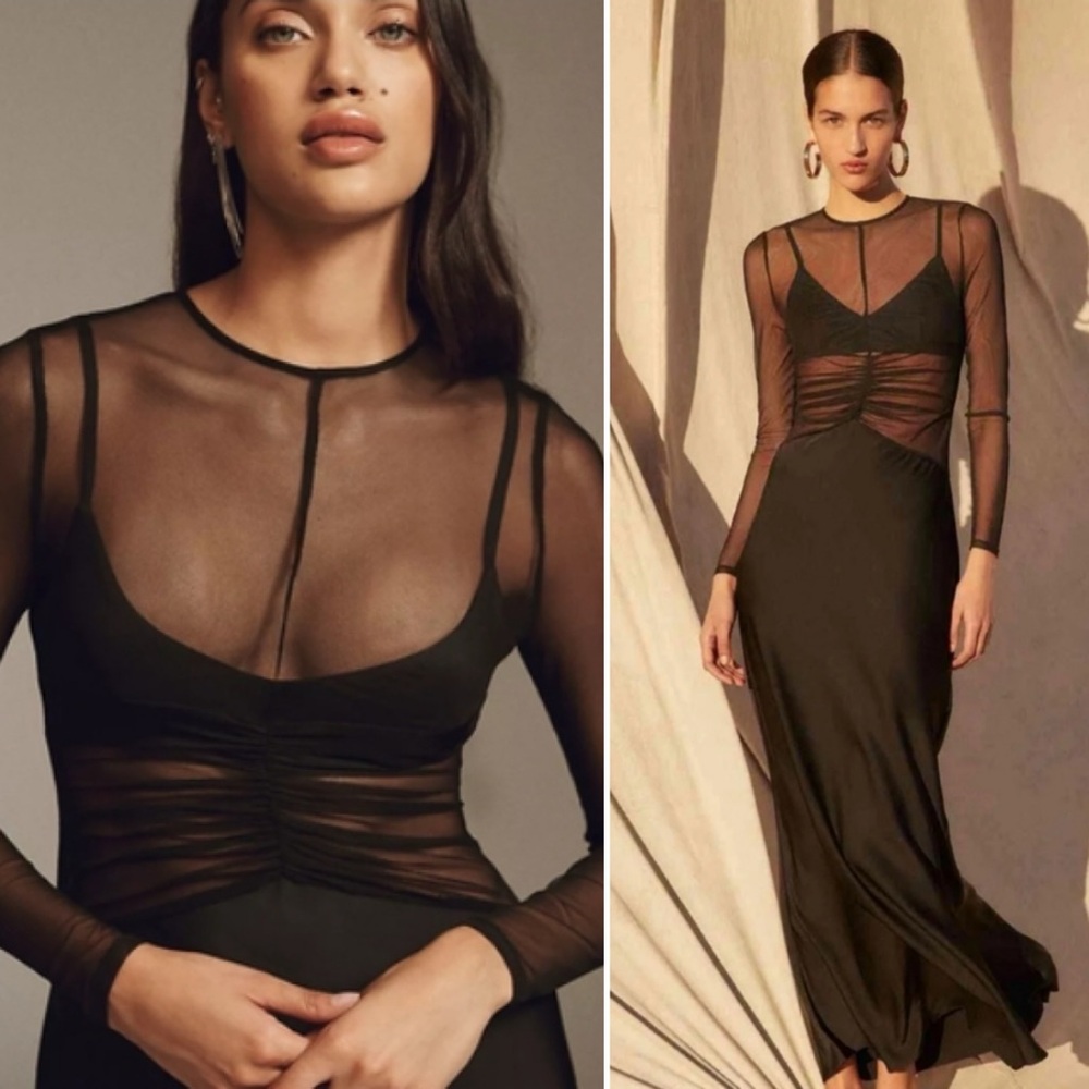 MISHA Collection Ginger Sheer Long Sleeve Mixed Media Mesh Maxi Gown XS $395